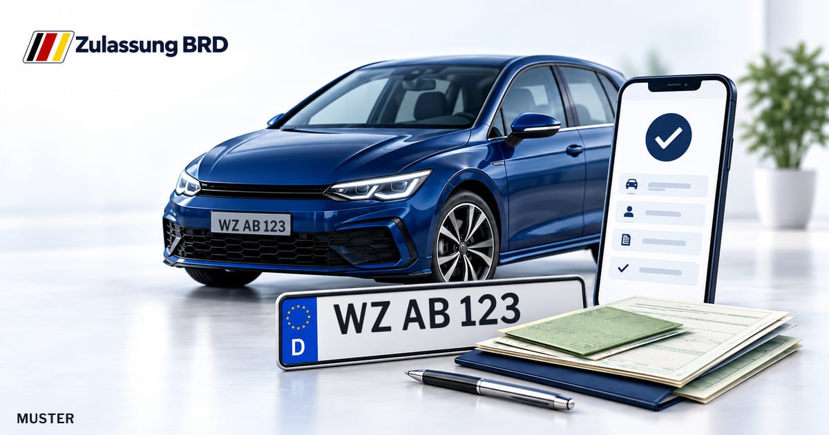 Online Fahrzeugzulassung in Ehringshausen: Musterkennzeichen WZ AB 123, Auto und Fahrzeugpapiere und Smartphone. Illustration mit Logo von Zulassung BRD.